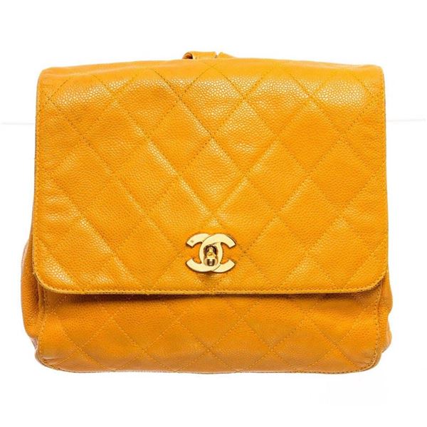 Chanel Yellow Quilted Caviar Leather CC Backpack