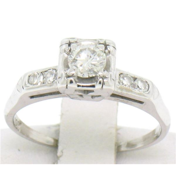 Vintage 14K White Gold 0.37 ctw Diamond Engagement Ring with 4 Accent Diamonds