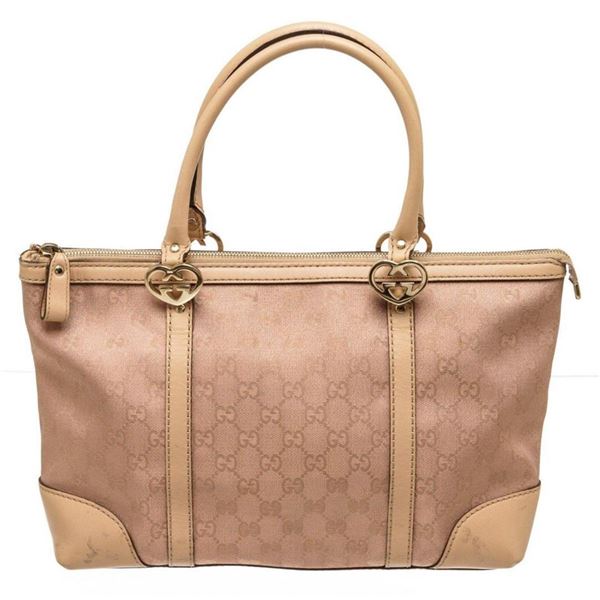 Gucci Pink Metallic GG Canvas Leather East West Twin Hearts Tote