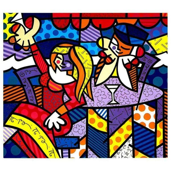 Romero Britto "Doing Lunch Again" Hand Signed Giclee on Canvas; Authenticated