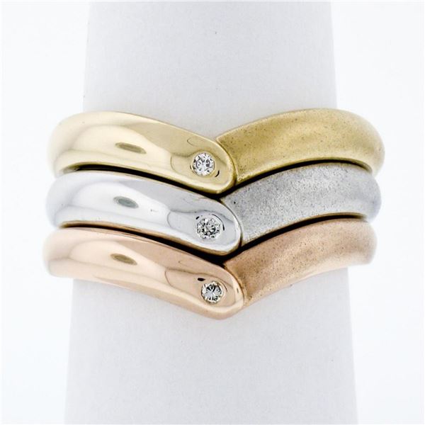 14K Tri Color Gold Burnish Diamond Polished & Sandblast 3 Stackable V Band Rings