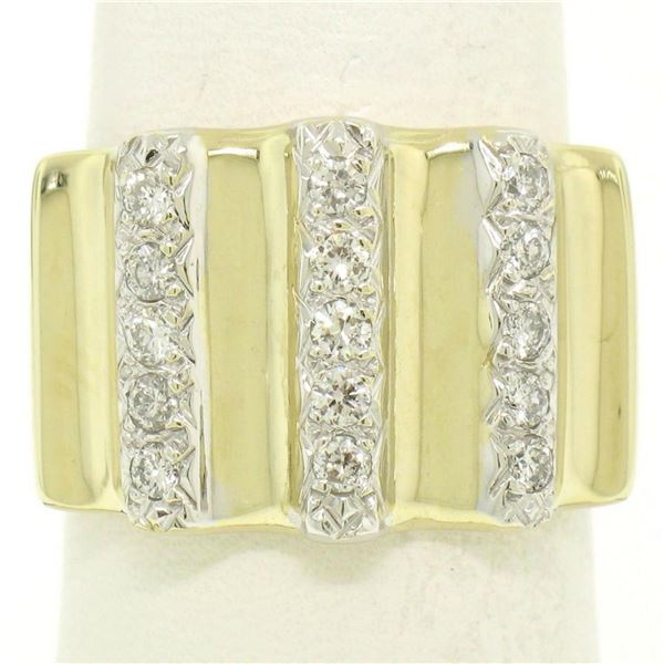 Italian 14K Solid Yellow Gold .35 ctw G VS Diamond Vertical Grooved Wide Band Ri