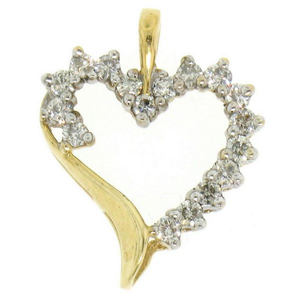 10K Solid Yellow Gold .50 ctw Partial Diamond Outlined Open Heart Pendant Charm