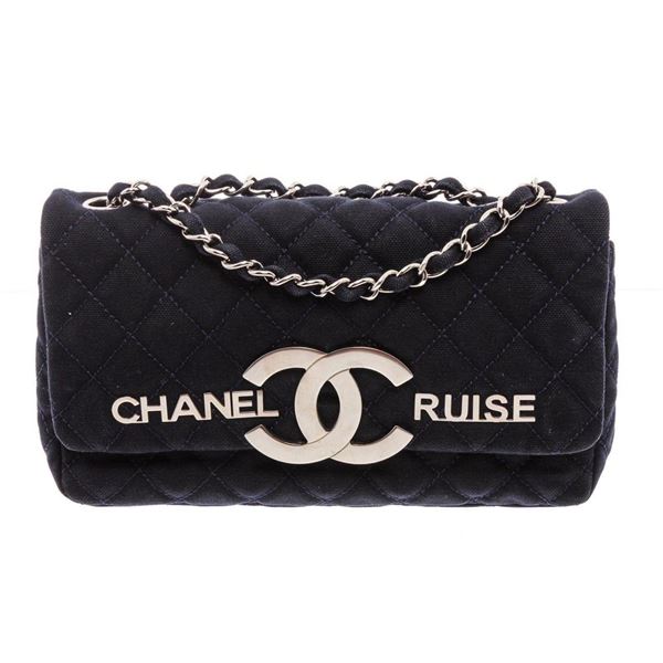 Chanel Vintage Navy Blue Quilted Fabric CC Cruise Flap Bag