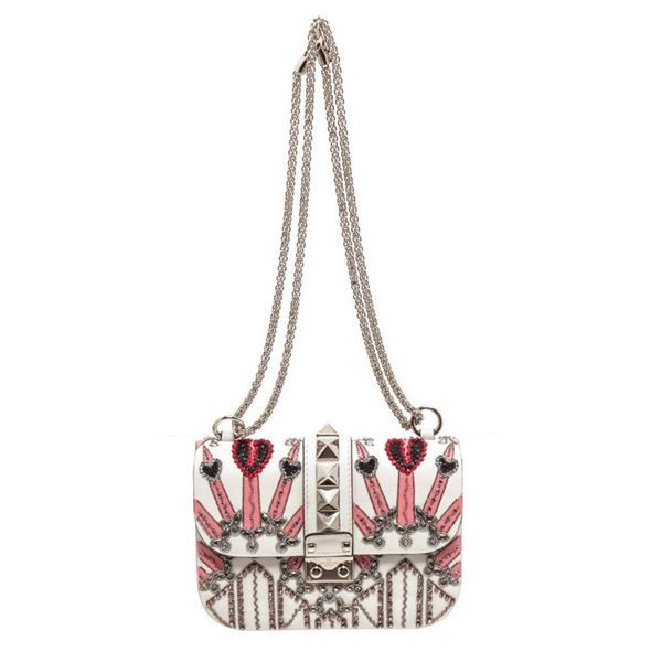 Valentino White Pink Love Blade Beaded Glam Lock Flap Bag