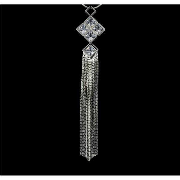 Crystal Square Pendant Tassel Necklace - Rhodium Plated