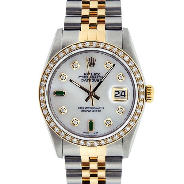 Rolex Mens 2 Tone Mother Of Pearl Diamond Oyster Perpetual Datejust 36MM