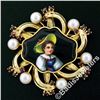 Image 2 : Vintage 14kt Gold Hand Painted Portrait, Garnet, & Pearl Open Frame Brooch