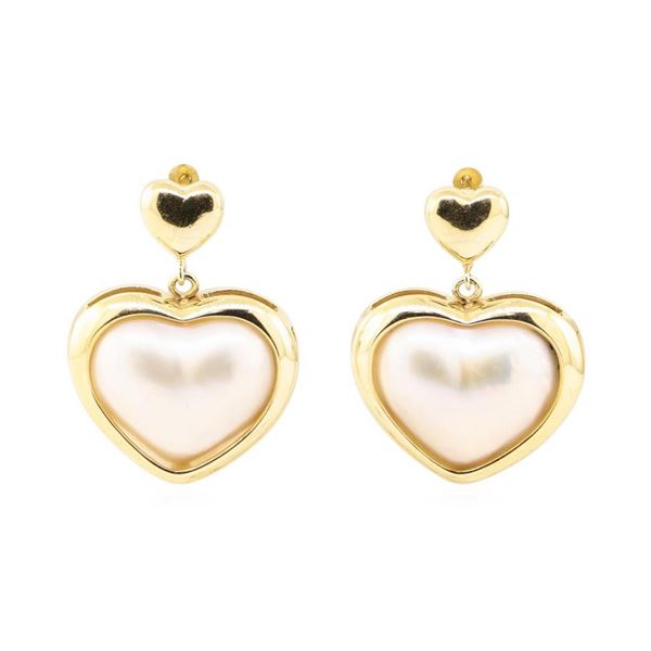 Heart Shaped Mother of Pearl Dangle Earrings - 14KT Yellow Gold