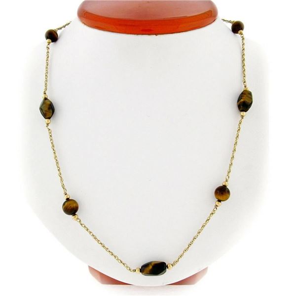 Vintage 10kt Yellow Gold 26.5" Round & Custom Cut Tiger's Eye Bead Chain Necklac