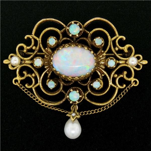 Vintage 14kt Yellow Gold 4.50 ctw Opal and Pearl Open Work Brooch Pin or Pendant