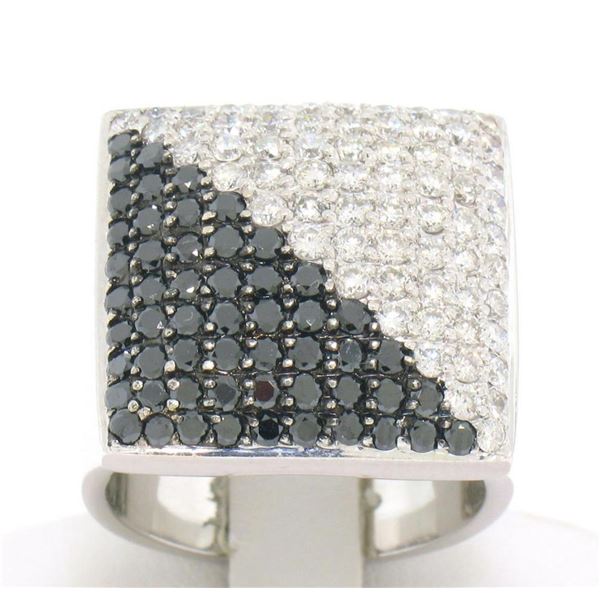 Large 18k White Gold 3.60 ctw Black & White Diamond Square Cushion Ladies Ring