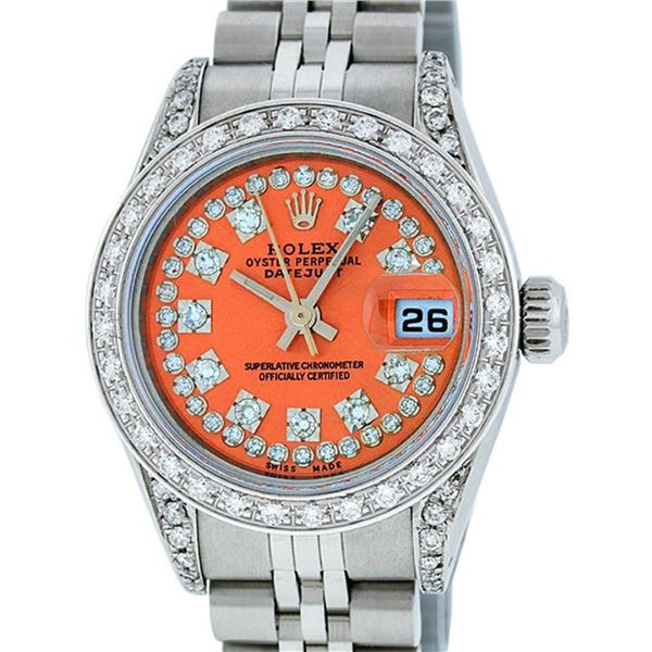 Rolex Ladies Stainless Steel 26MM Orange String Diamond Lugs Datejust Wristwatch