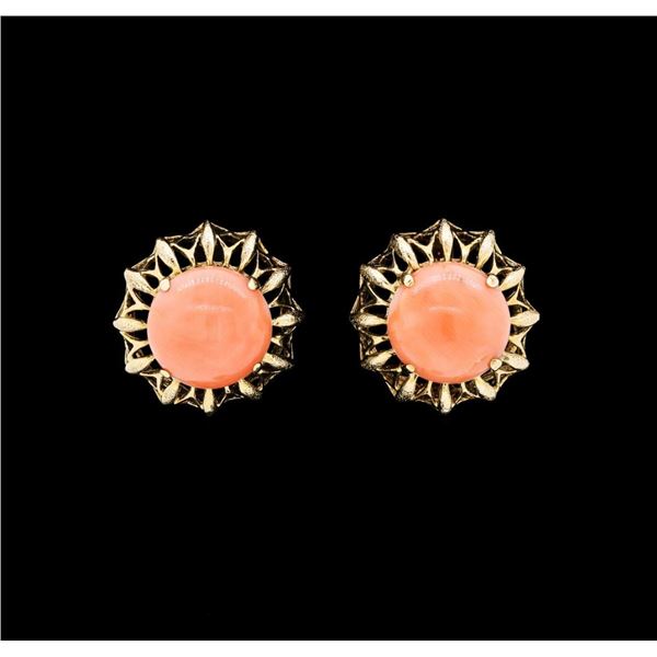 Salmon Coral Cabochon Earrings - 14KT Yellow Gold