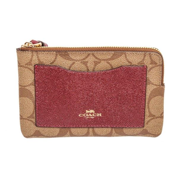 Coach Brown  Red Coated Canvas Boxed Corner Wristlet