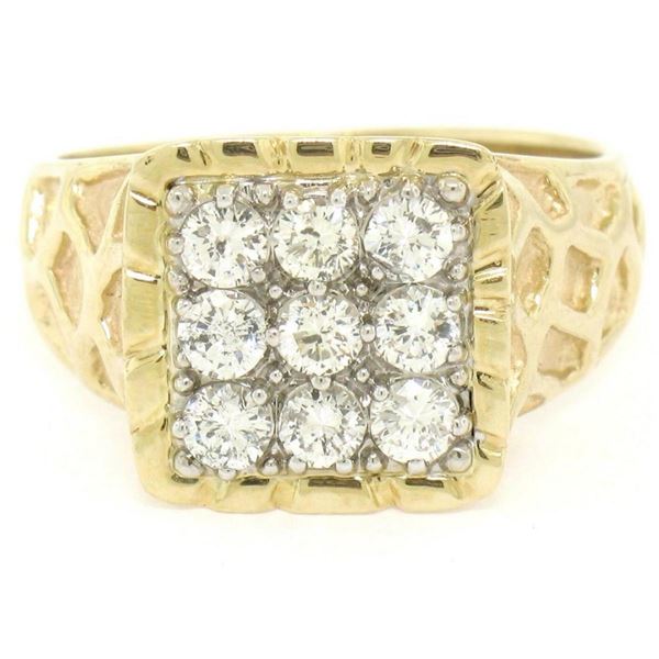 Mens 14K Two Tone Gold Nugget Design .90 ctw Round BRILLIANT Diamond Cluster Rin