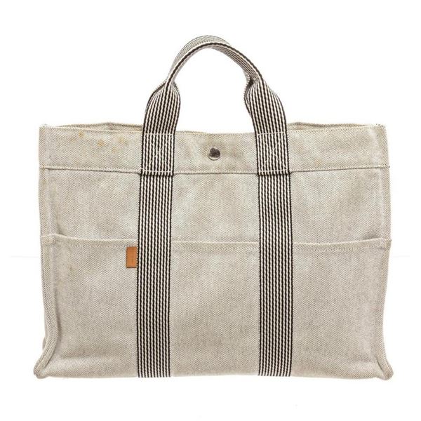 Hermes Black Gray Canvas Herline Bag GM Tote Bag
