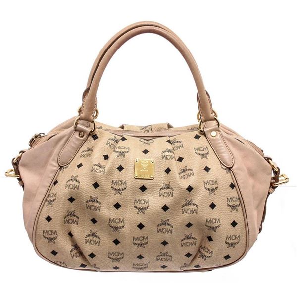 MCM Cream Coated Canvas Visetos Shoulder Bag