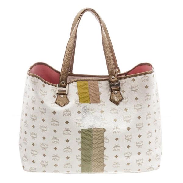 MCM White Visetos Coated Canvas Lion Shopper Tote