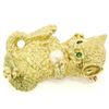 Image 4 : LARGE Detailed Textured 18K Gold Pearl & Emerald Playful Kitten Cat Brooch Pin