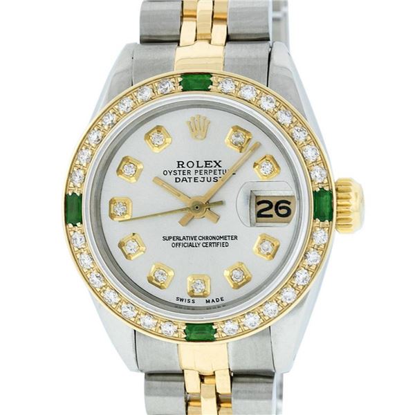 Rolex Ladies 2 Tone Silver Diamond & Emerald 26MM Oyster Perpetual Datejust