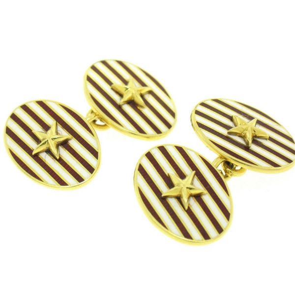 Estate Asprey 18k Solid Gold Collectible Red White Enamel Stripe Star Cufflinks