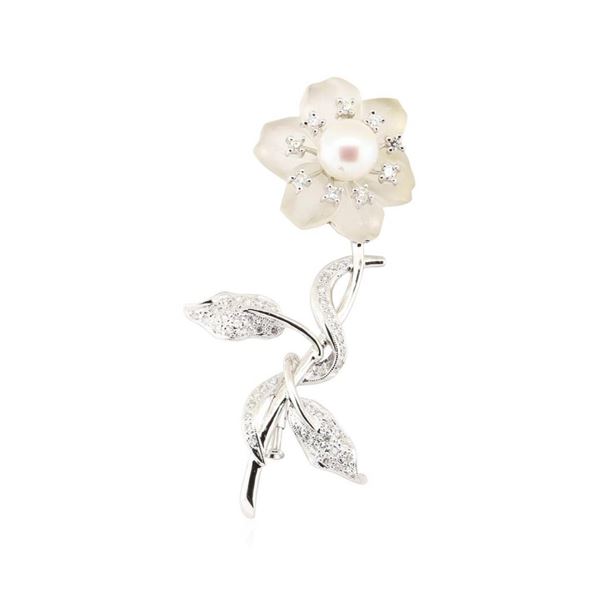 0.53 ctw Diamond and Pearl Flower Pin - 18KT White Gold