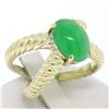 Image 2 : 14k Solid Gold Open Twisted Wire Bands Open Wide Cabochon Green Jade Ring