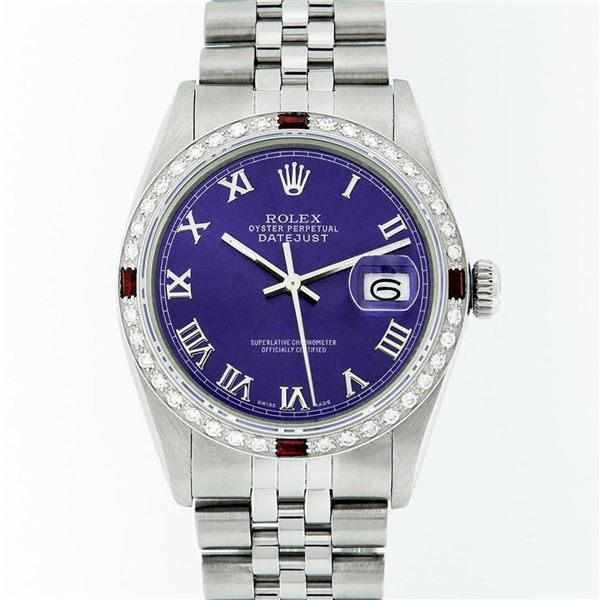 Rolex Mens Stainless Steel Purple Roman Diamond & Ruby Datejust Wristwatch Oyste