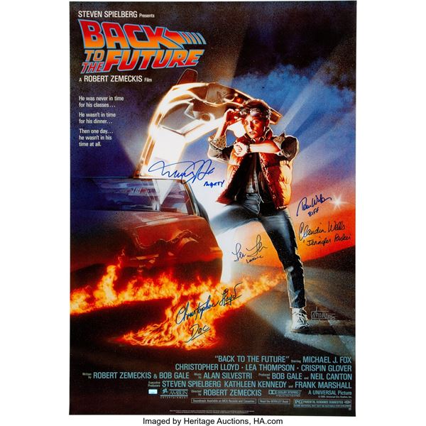 Back to the Future Cast Signed Movie Poster. A 27" x 39" one-sheet signed by pri
