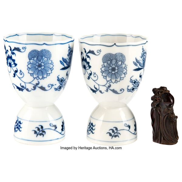 Marlene Dietrich Owned Porcelain Egg Cups (2) and Carved Wood Figurine. From the