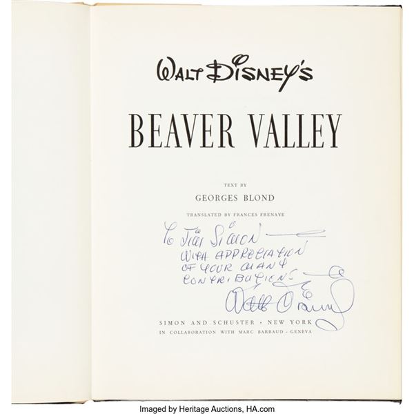Walt Disney Signed and Inscribed Beaver Valley Book. Walt Disney's Beaver Valley