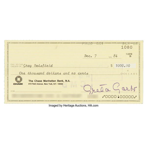 Greta Garbo Signed Check. A check signed in full by the screen star, composed in