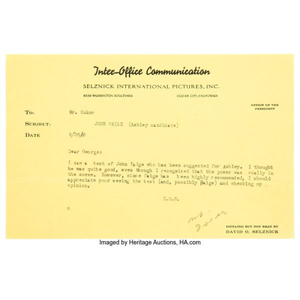 Gone With the Wind Memo from Producer David O. Selznick (1938). A memo from prod