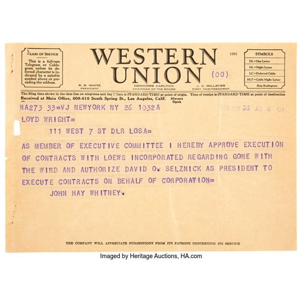 Gone With the Wind Telegram To David O. Selznick (1938). A historic telegram aut