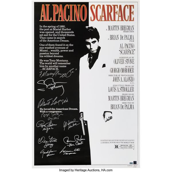 Scarface Theatrical One-Sheet Signed by Main Cast. A modern replication of the o