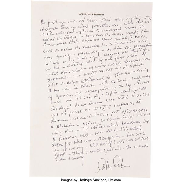 William Shatner Handwritten Signed Recollection of the Very First Star Trek Epis
