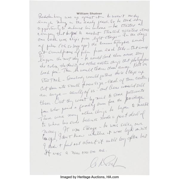 Star Trek/William Shatner Handwritten and Signed Note About Star Trek Creator Ge