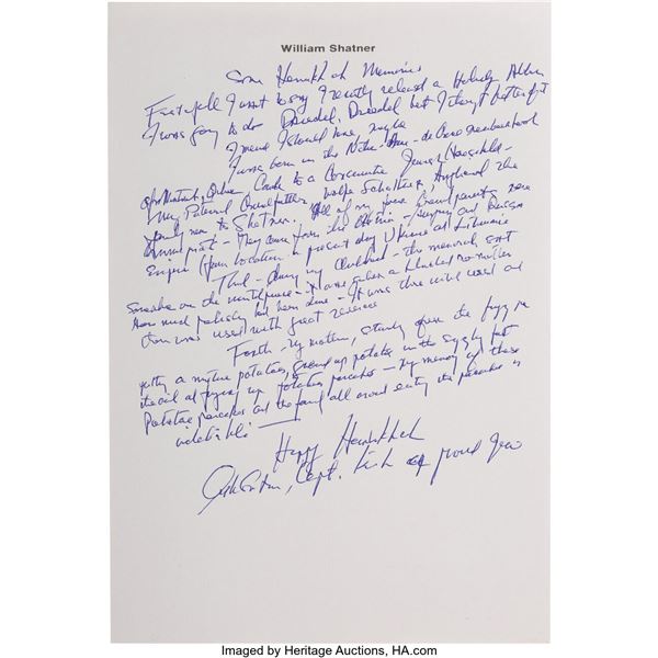 William Shatner Signed Essay. Written with a blue ink pen on "William Shatner" l
