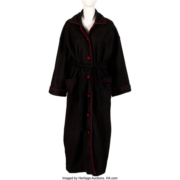 Barbra Streisand Owned Long Black Robe With Red Trim.  A button-down robe (with