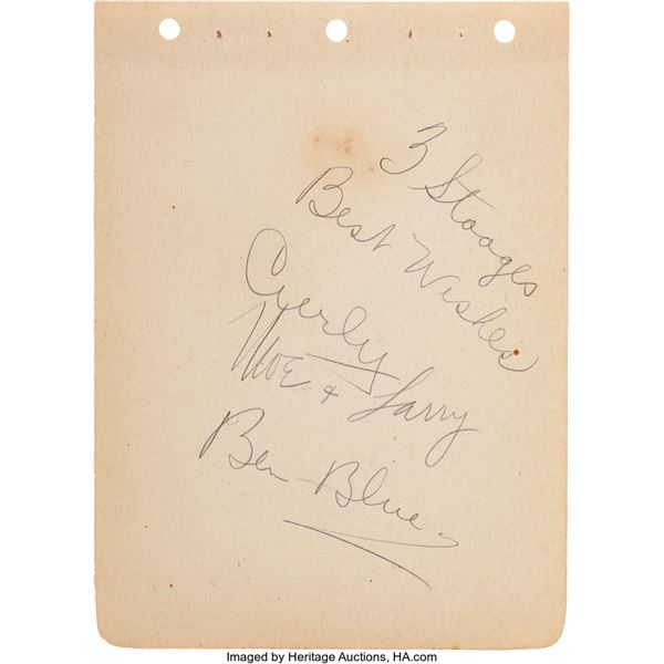 The Three Stooges Signed and Inscribed Album Page.  A toned album page signed (a