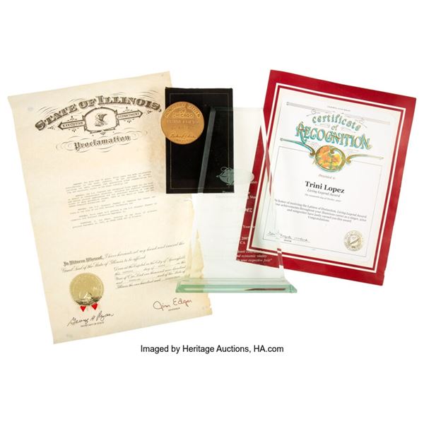 Trini Lopez Awards (2), Recognition Certificate, and Proclamation. Four items in