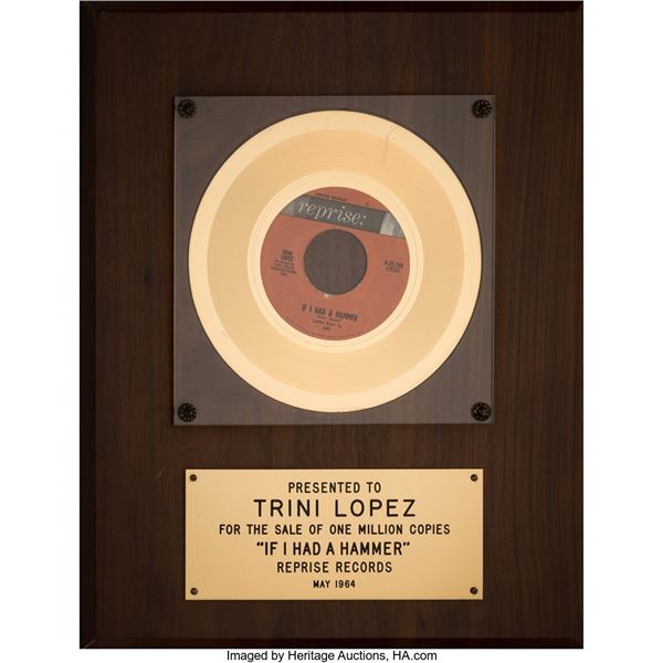 Trini Lopez Personally Owned "If I Had a Hammer" In-House Gold Sales Award. An i