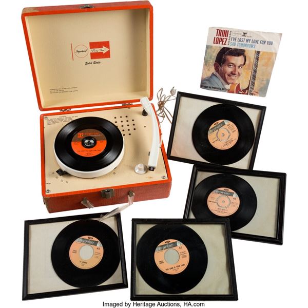 Trini Lopez Owned Record Player and 45s. Six items from Trini in this lot, inclu