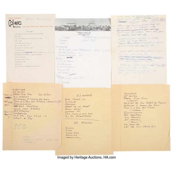 Trini Lopez Handwritten Set Lists and Lyrics. Six pages of lyrics and set lists
