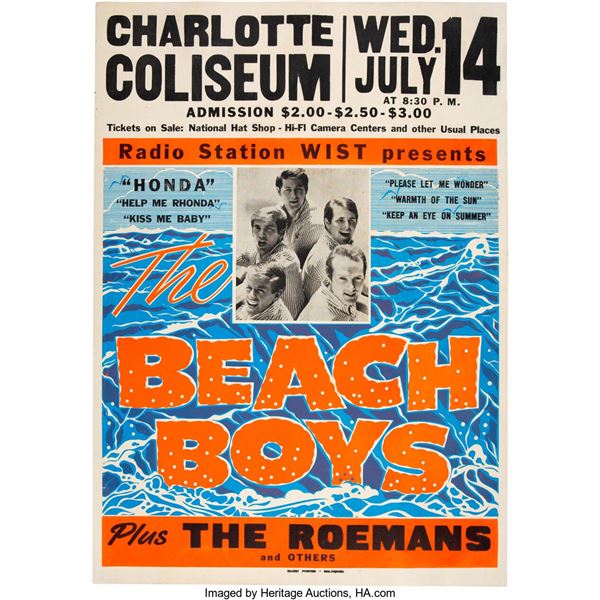 The Beach Boys 1965 Charlotte, NC Jumbo Globe Concert Poster. An original vintag