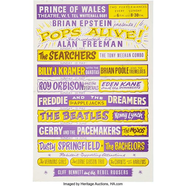 The Beatles 1964 London, England "Pops Alive!" Marquee-Style Handbill. An origin