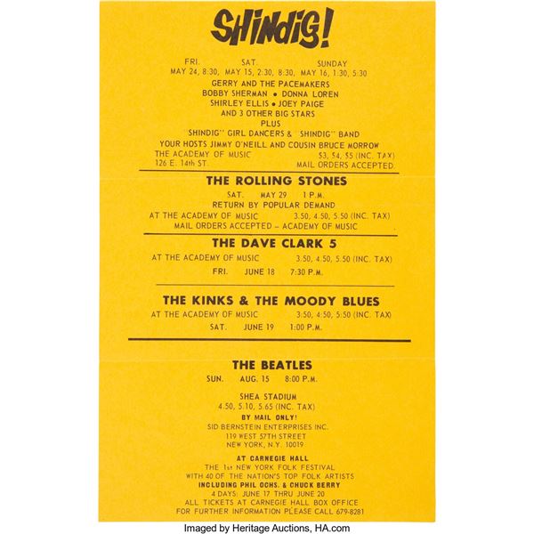 The Beatles Shea Stadium & Rolling Stones 1965 "Shindig!" Sid Bernstein NYC Hand