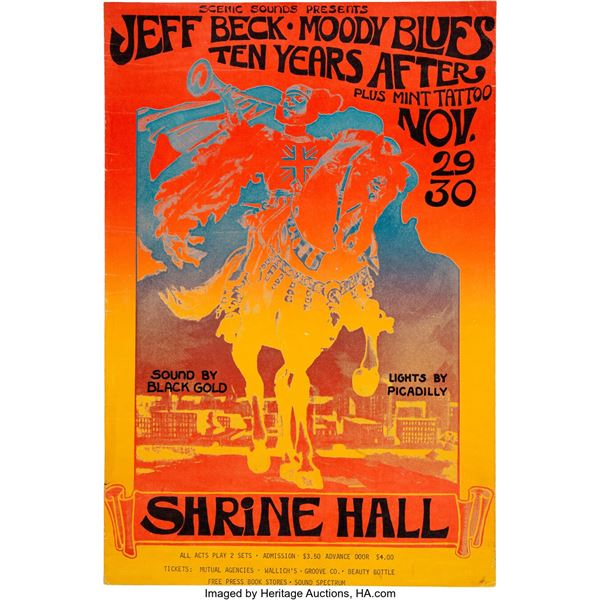 Jeff Beck, Moody Blues, Ten Years After 1968 Shrine L.A. Concert Poster. An orig