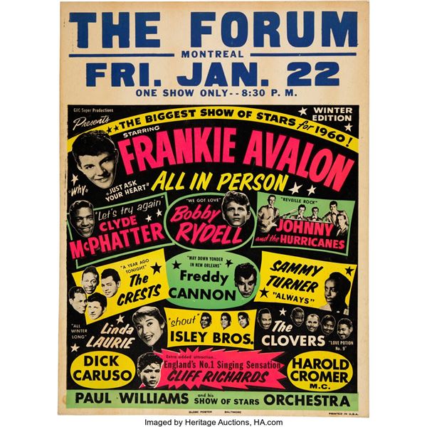 Biggest Show of Stars 1960 Concert Poster w/Frankie Avalon, Bobby Rydell & The I